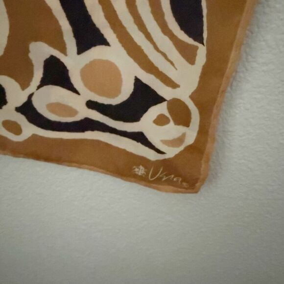 UENA | Japanese Long Scarf Vintage Gold Tan Cream Black Print | 15" x 44.5" - Picture 2 of 3